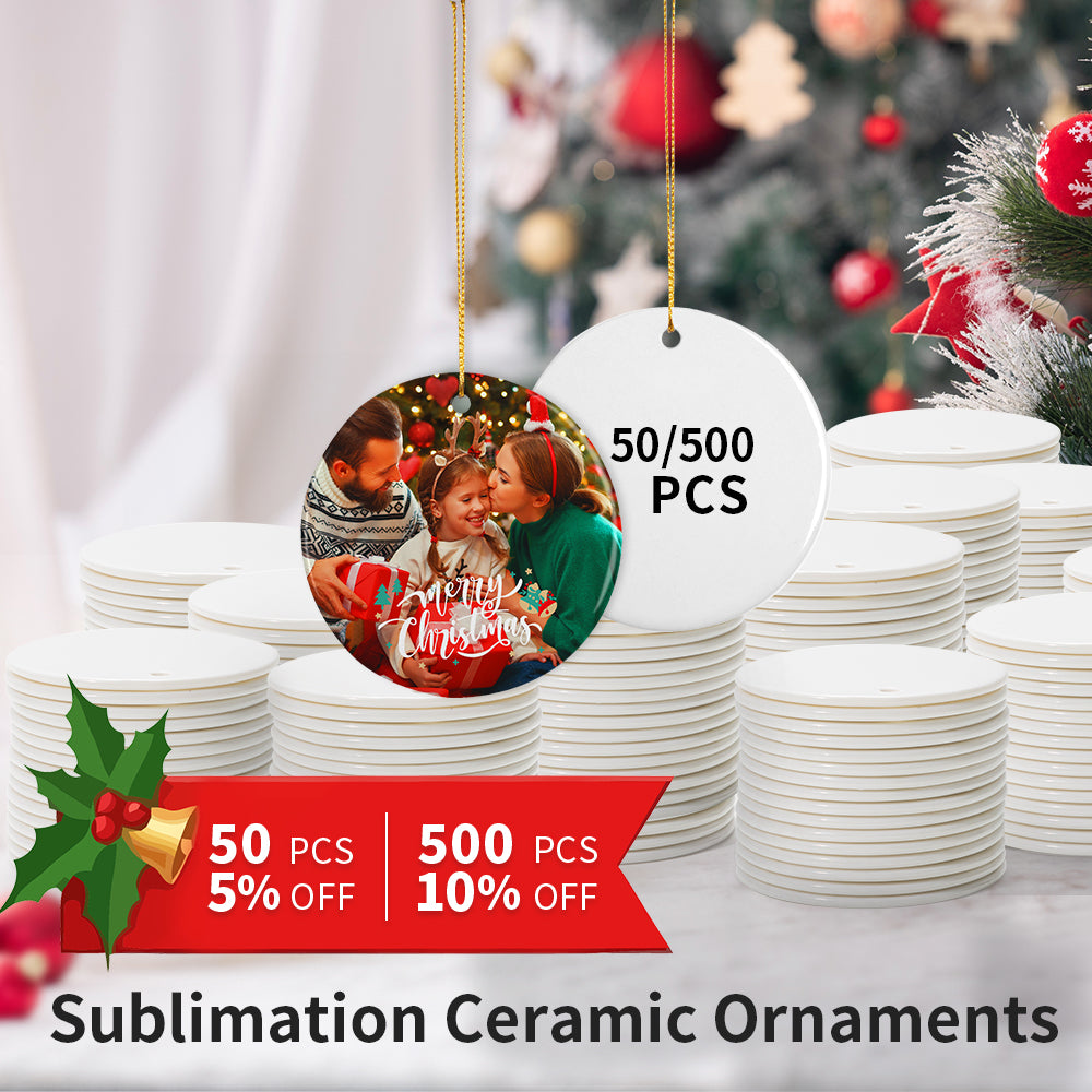 Wholesale Sublimation Ceramic Ornament Blanks with Gold String 2 Sides Printable Round for Easter Christmas Home Decor( 100 PCS -2000 PCS)