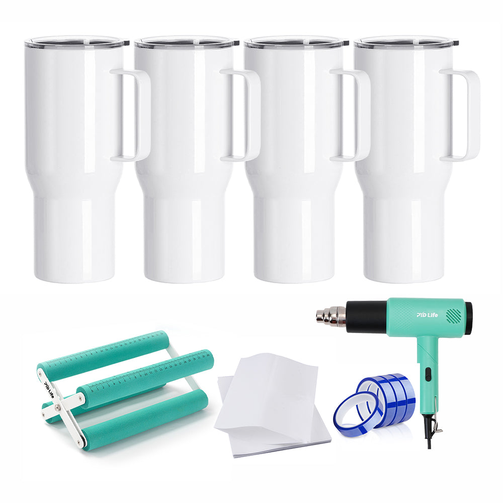Sublimation Tumbler Kit with 20oz Travel Mug with Handle, Shrink Wrap Film, Cup Cradle,Heat Tape & Heat Gun and Binder Clip