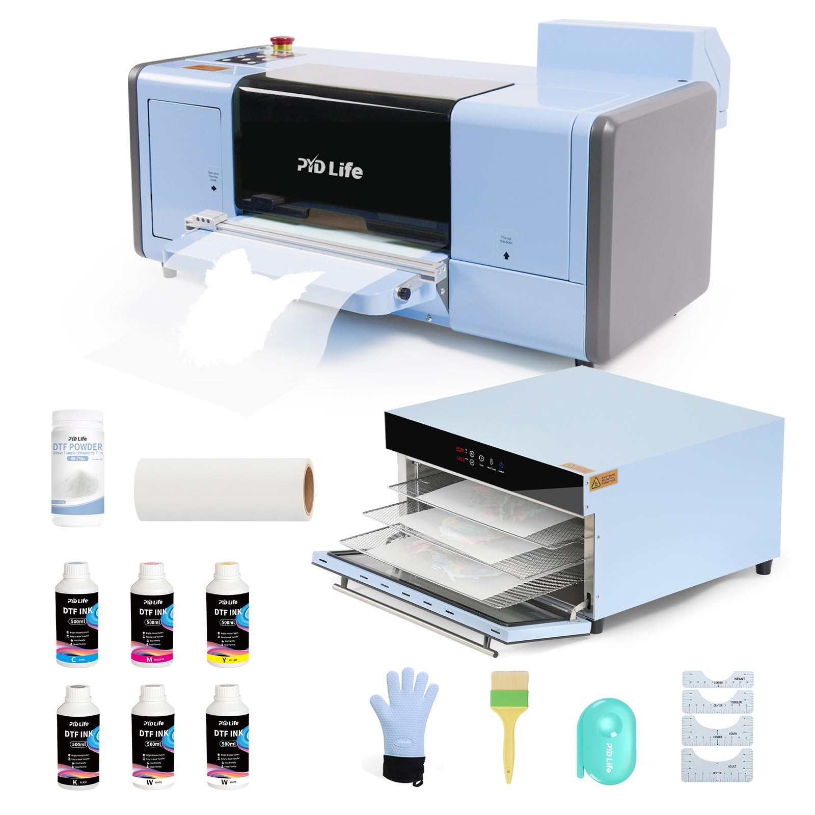 DTF Starter Kit Bundle with DTF Printer A3 Transfer Printing Machine, DTF Dryer Oven,One Roll 11.8" x 328ft DTF Film,500 ml x 6 DTF Ink,600g DTF Powder
