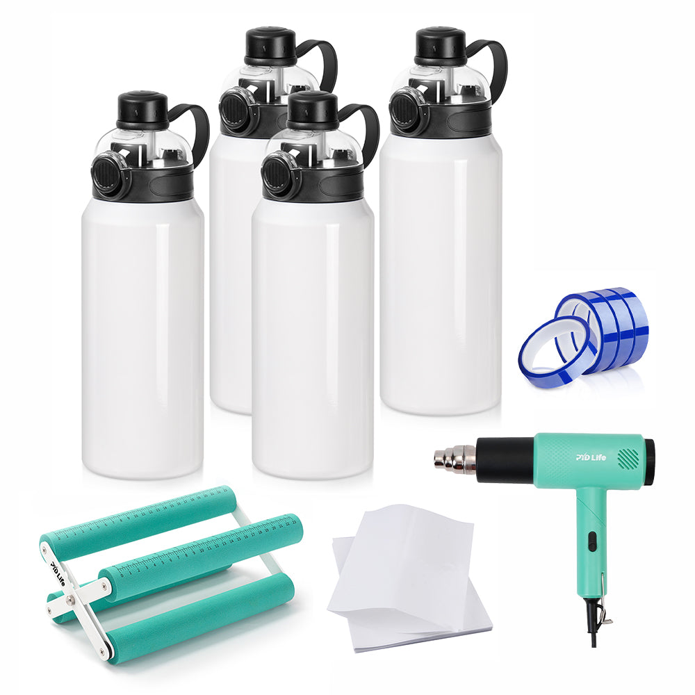 Sublimation Tumbler Kit with 32oz or 24oz Water Bottle, Shrink Wrap Film, Cup Cradle,Heat Tape & Heat Gun