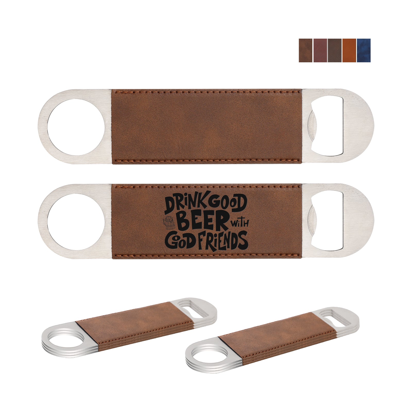 Craft Blanks Stainless Steel Bottle Opener with Leather Cover for Custom Laser Engraving, 1.6 x 7 inches Rec, 5 color options, 8 Pack