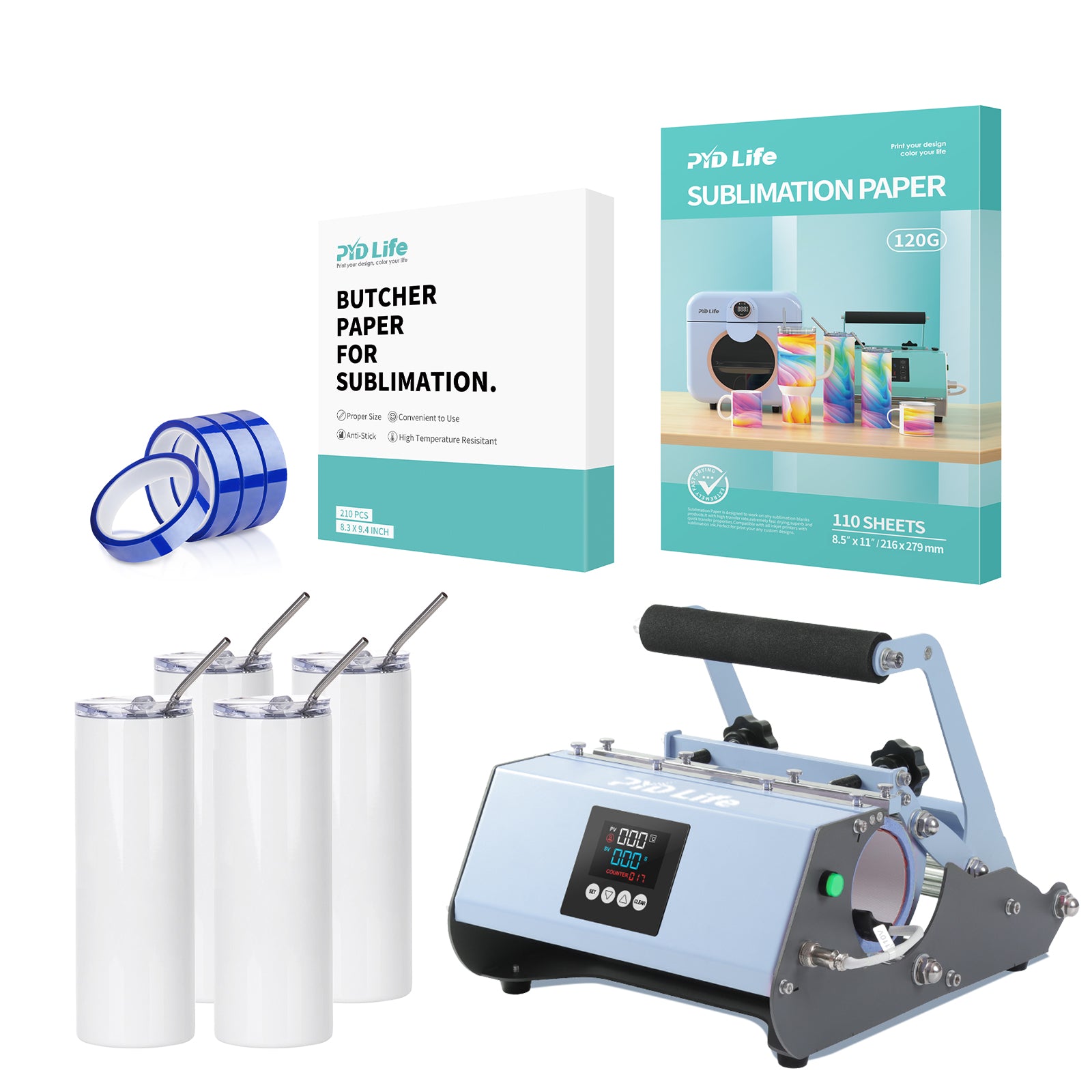 30 OZ Tumbler Heat Press Sublimation Starter Benginers Kit Bundle with 20 OZ Sublimation Tumblers,Sublimation Tape,Sublimation Paper and Butcher Paper