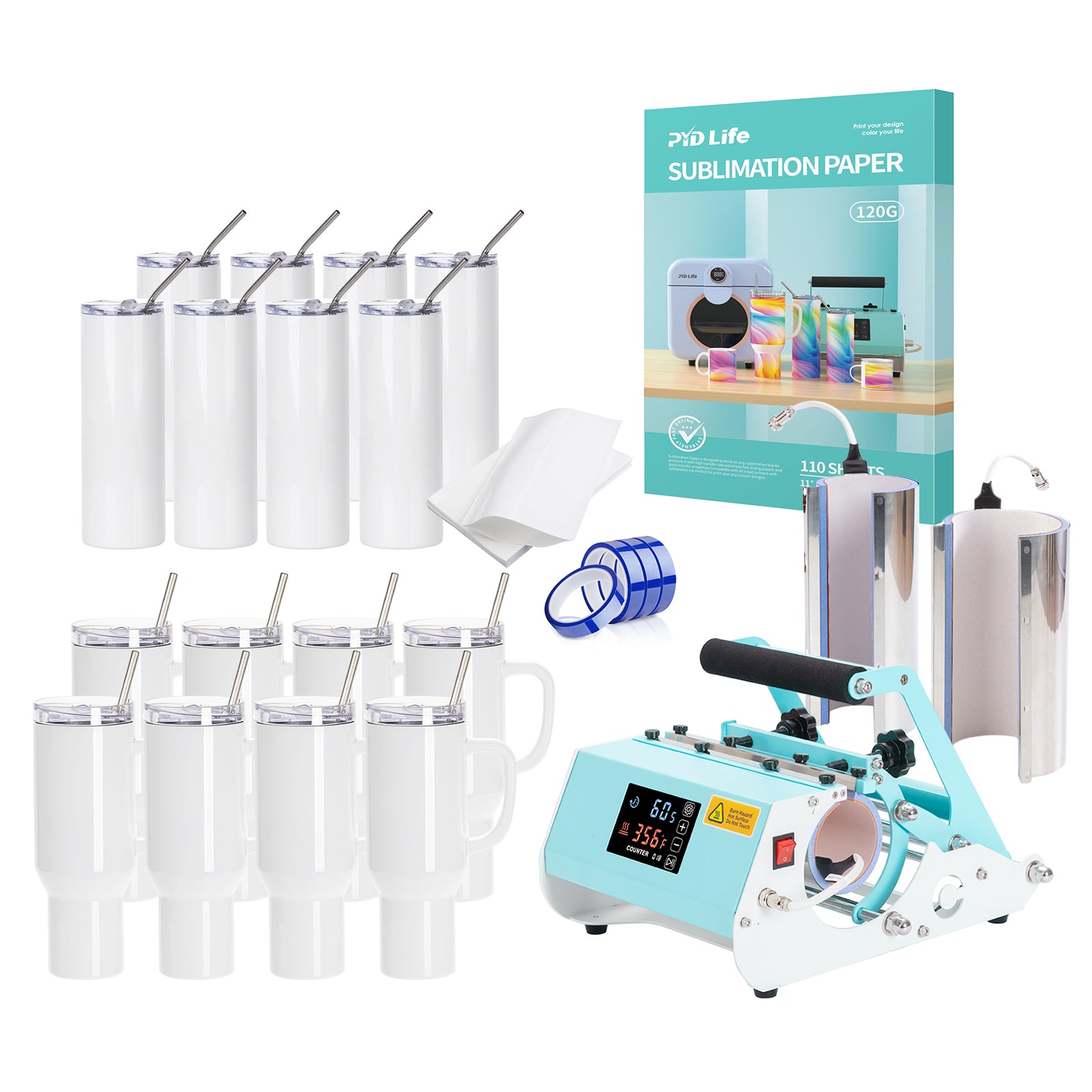 40 OZ 30 OZ Tumbler Heat Press Sublimation Starter Benginers Kit Bundle with Sublimation Tumblers 40 OZ and 20 OZ,Sublimation Tape,and Sublimation Paper