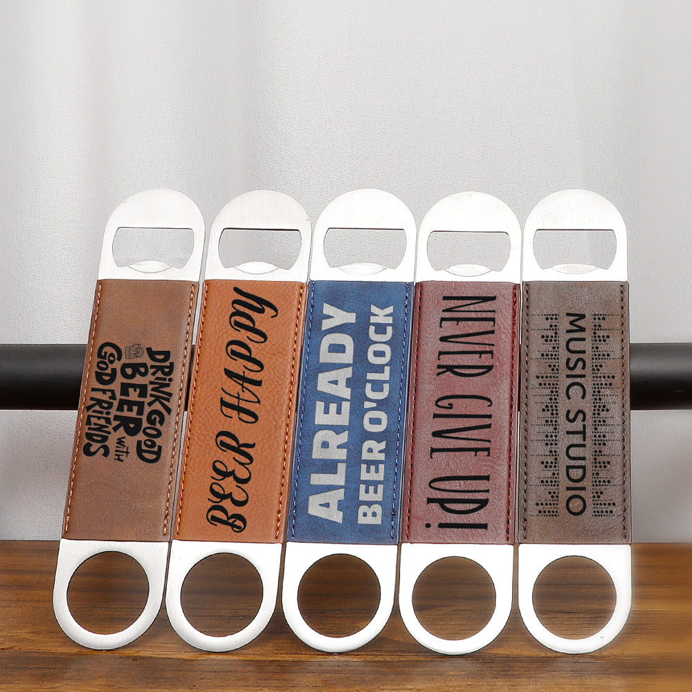 Craft Blanks Stainless Steel Bottle Opener with Leather Cover for Custom Laser Engraving, 1.6 x 7 inches Rec, 5 color options, 8 Pack