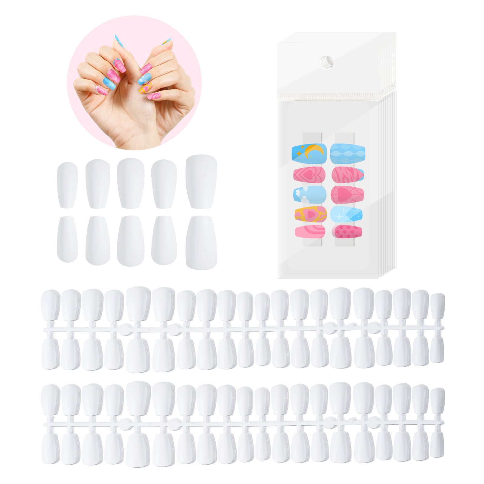 40 Pack 3D Sublimation Press On Nails Short White Blanks Bulk 4 Sizes,with 160 PCS Individual PP Bags and Cards