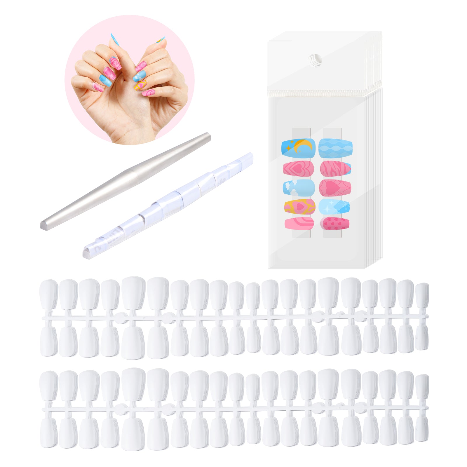 Nail Kit Bundle with 20 Pack 3D Sublimation Press On Nails Short White Blanks Bulk 4 Sizes,with Individual PP Bags,Cards and Nail Tool(shipping from China)