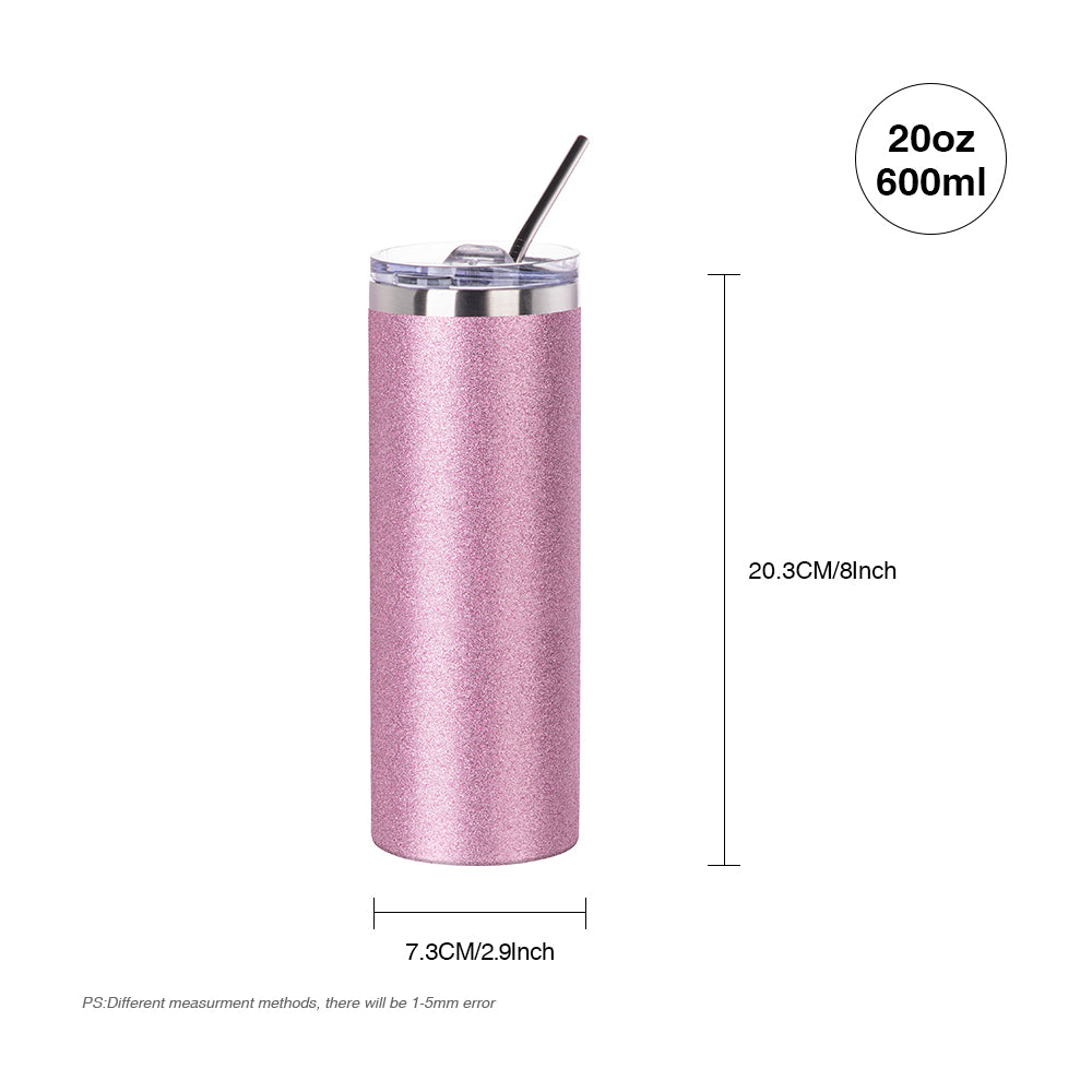 Wholesale 20 OZ Sublimation Skinny Straight Tumbler Glitter Pink With Metal Straw And Slide Lid 8 Pack & 24 Pack & 48 Pack