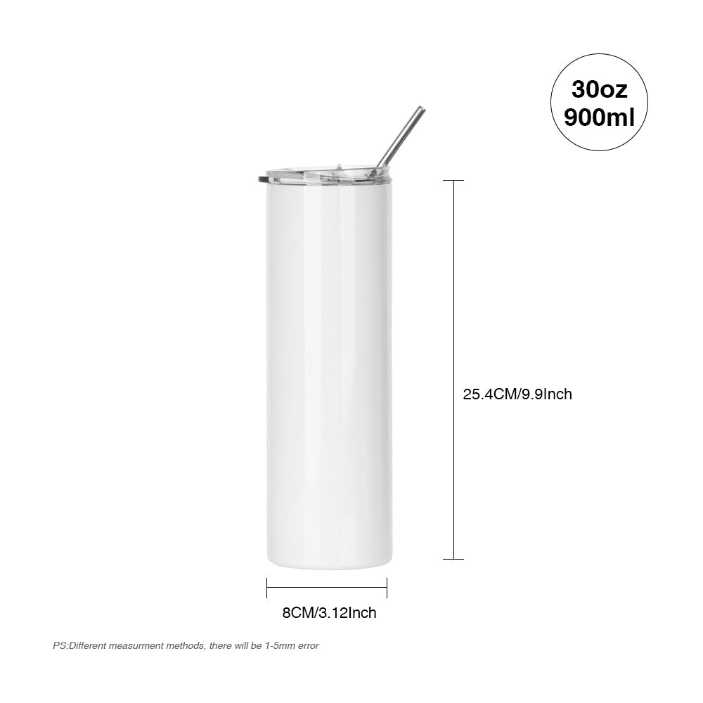 Wholesale 30 OZ Sublimation Skinny Straight Tumbler White With Metal Straw And Slide Lid 24 Pieces