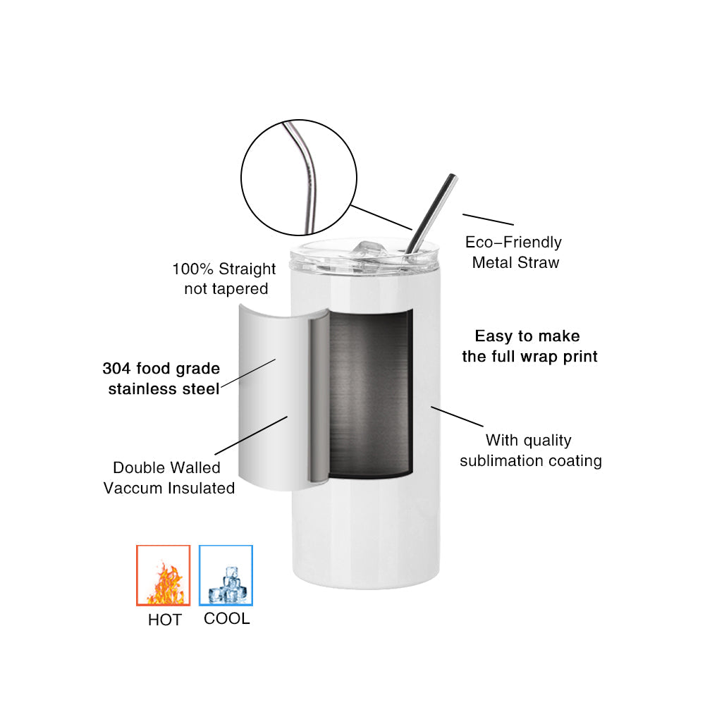 Wholesale 16 OZ Sublimation Skinny Straight Tumbler Bulk White with Metal Straw and Slide Lid 8 Pack & 24 Pack & 48 Pack