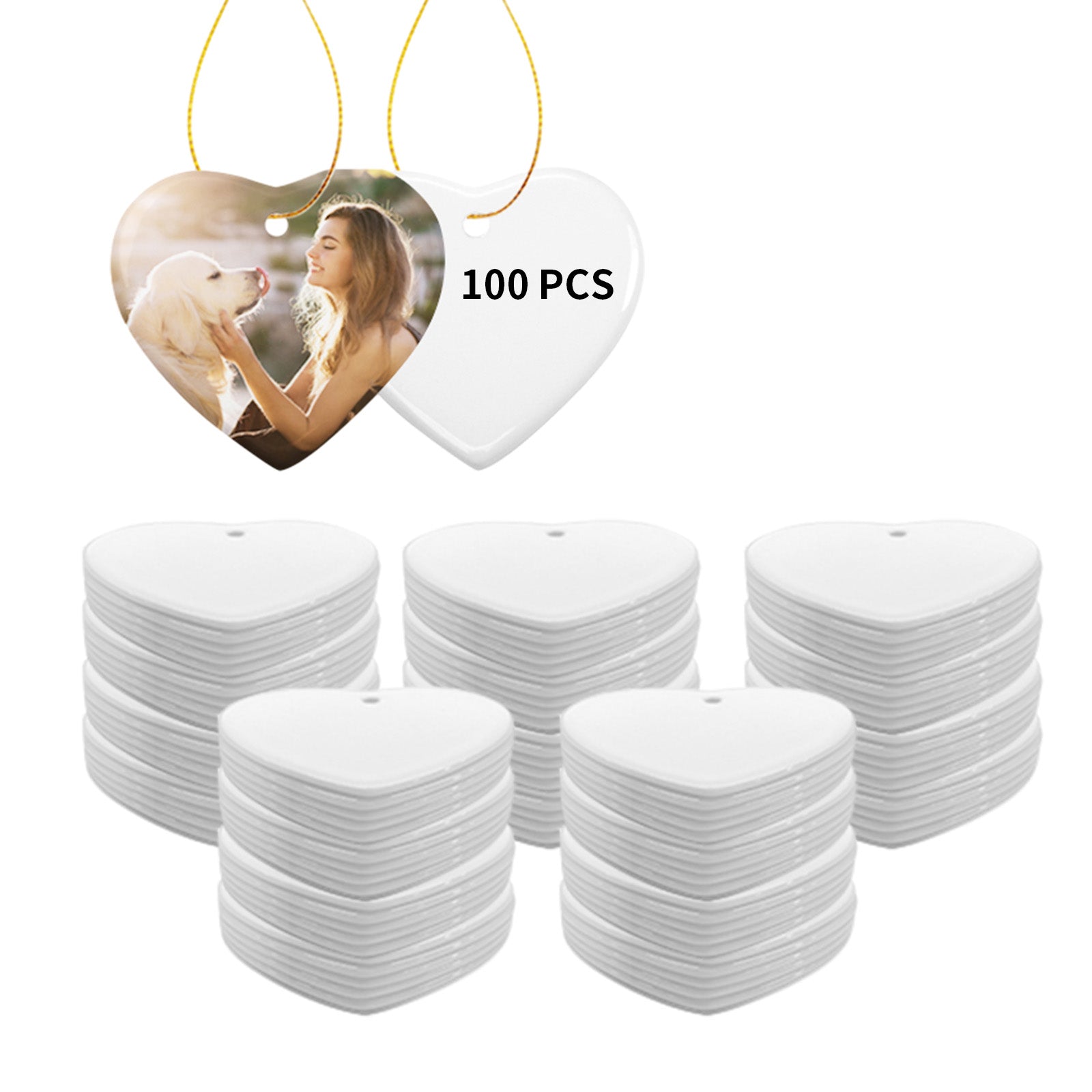 Wholesale Sublimation Ceramic Ornament with Gold String 2 Sides Printable Heart 50 PCS & 100 PCS & 250 PCS