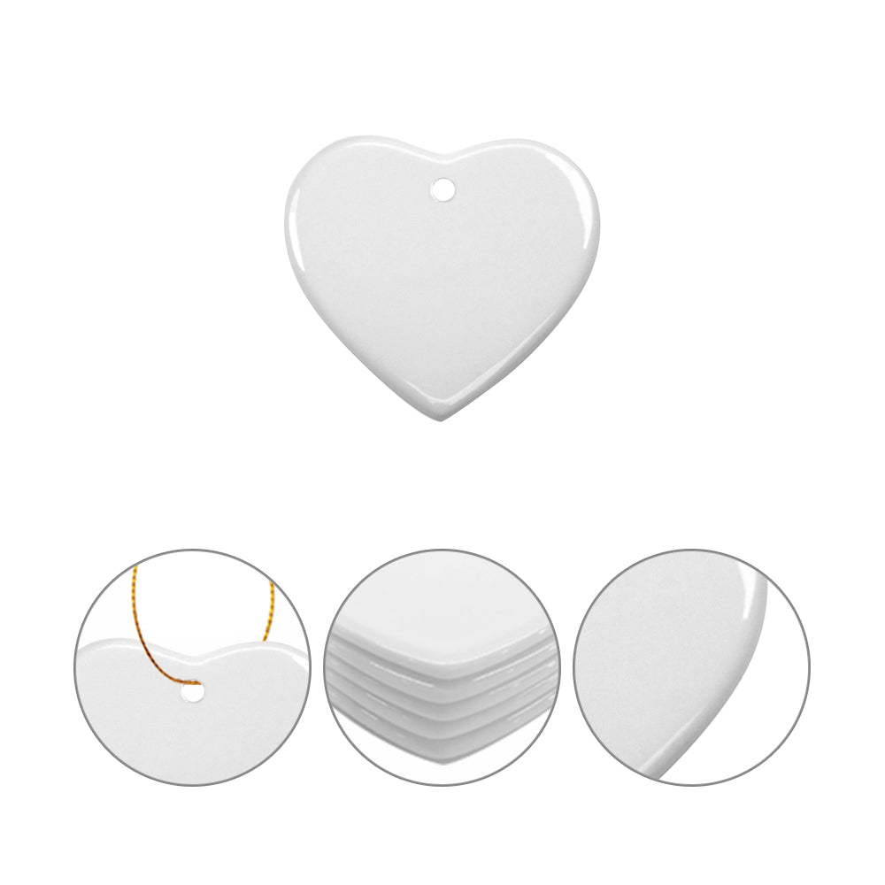 Wholesale Sublimation Ceramic Ornament with Gold String 2 Sides Printable Heart 50 PCS & 100 PCS & 250 PCS