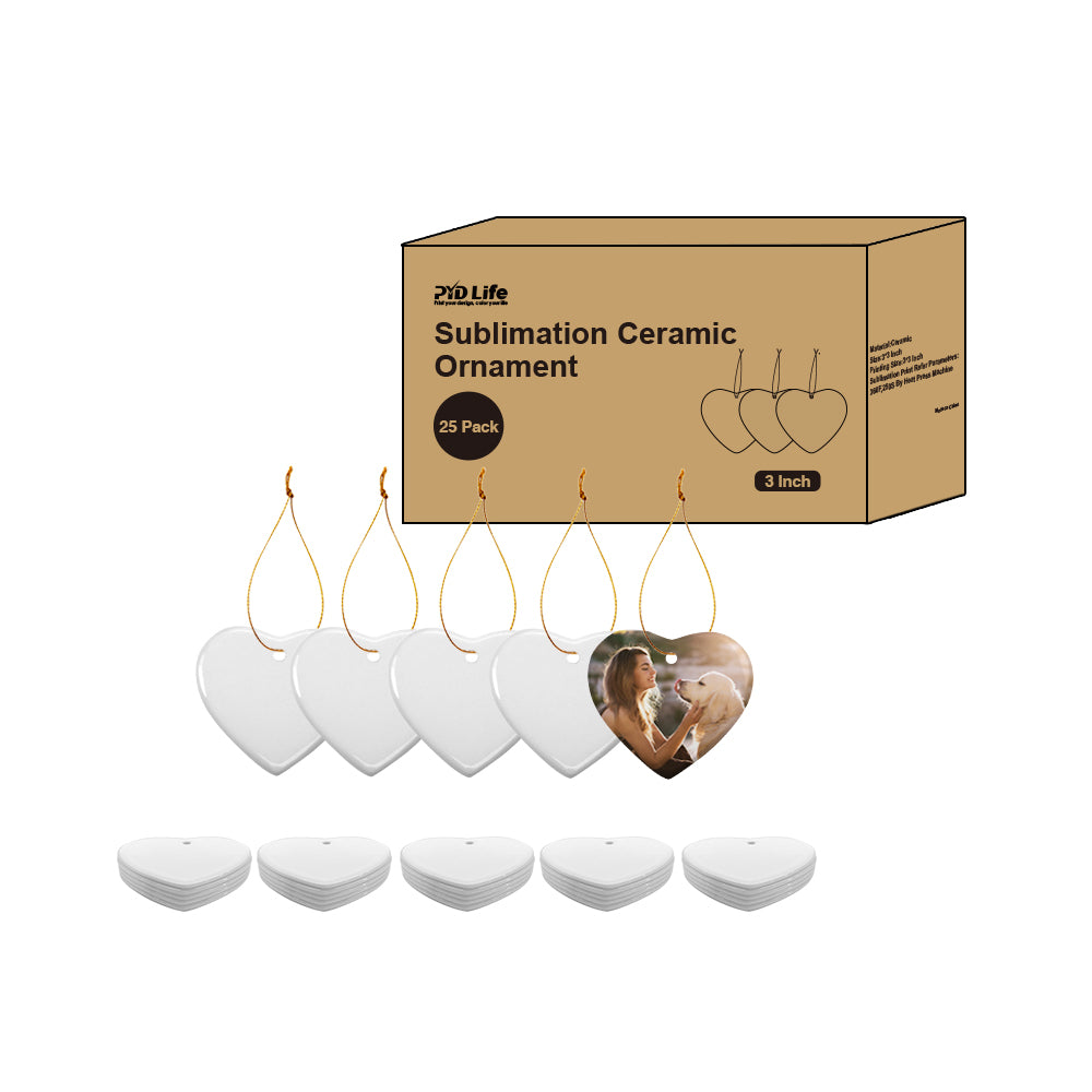 Wholesale Sublimation Ceramic Ornament with Gold String 2 Sides Printable Heart 50 PCS & 100 PCS & 250 PCS