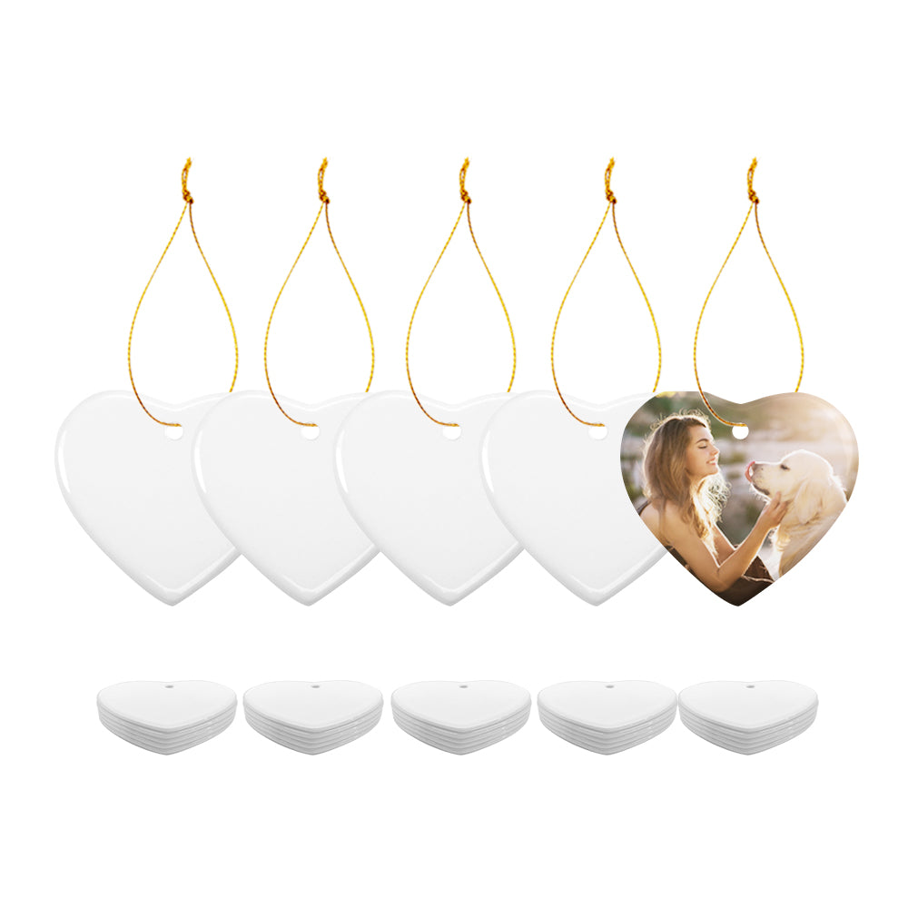 Wholesale Sublimation Ceramic Ornament with Gold String 2 Sides Printable Heart 50 PCS & 100 PCS & 250 PCS