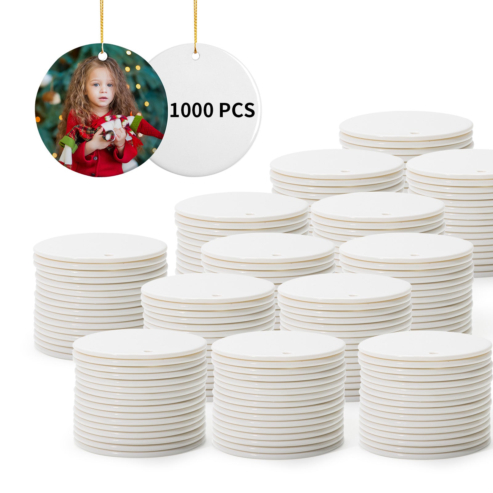 Wholesale Sublimation Ceramic Ornament Round with Gold String 2 Sides Printable 1000 pieces