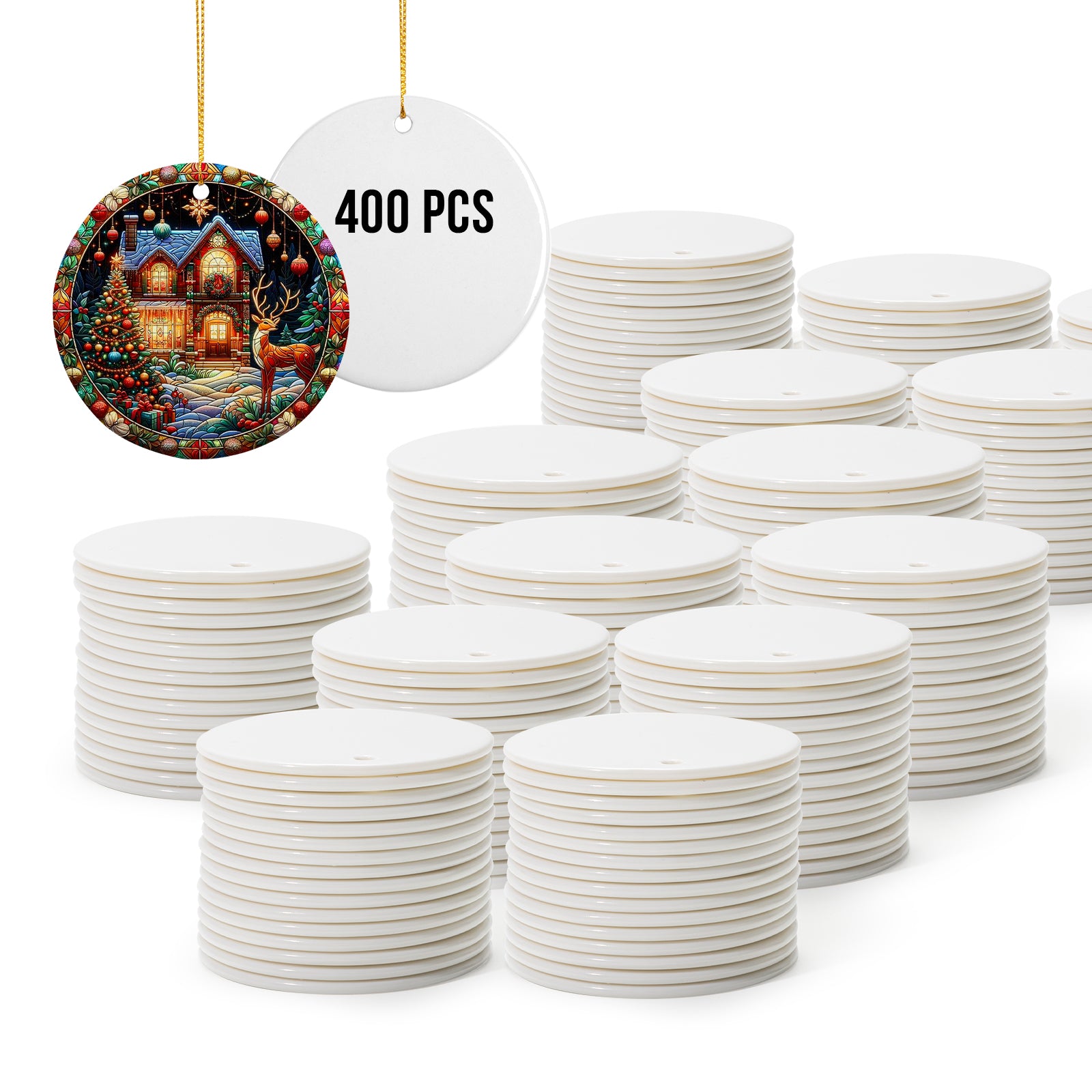 Wholesale 400 PCS Sublimation Ceramic Ornament with Gold String 2 Sides Printable Round