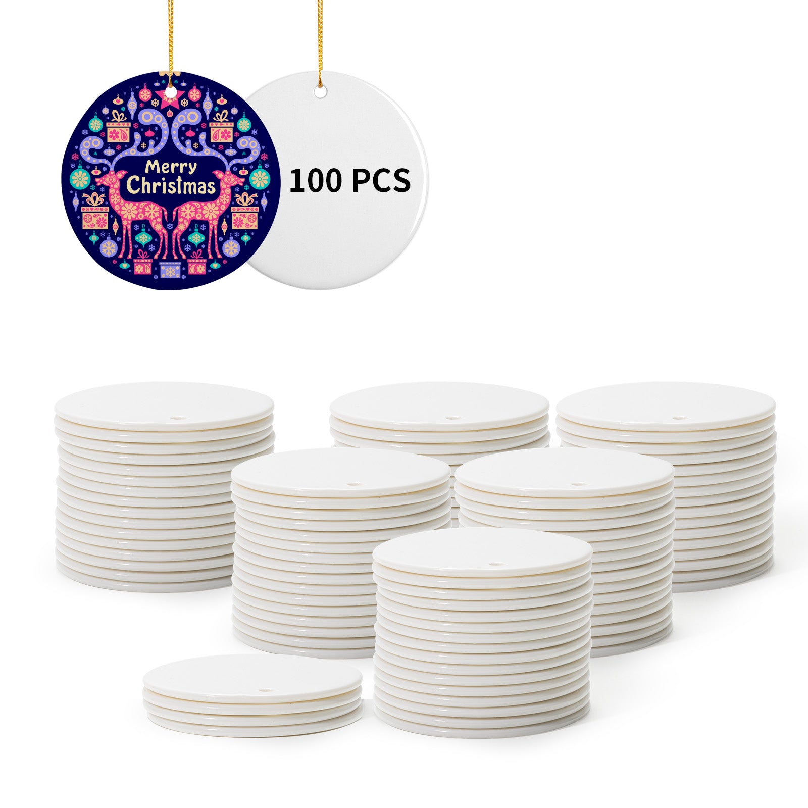 Wholesale 100 PCS Sublimation Ceramic Ornament Blanks with Gold String 2 Sides Printable Round for Easter Christmas Home Decor