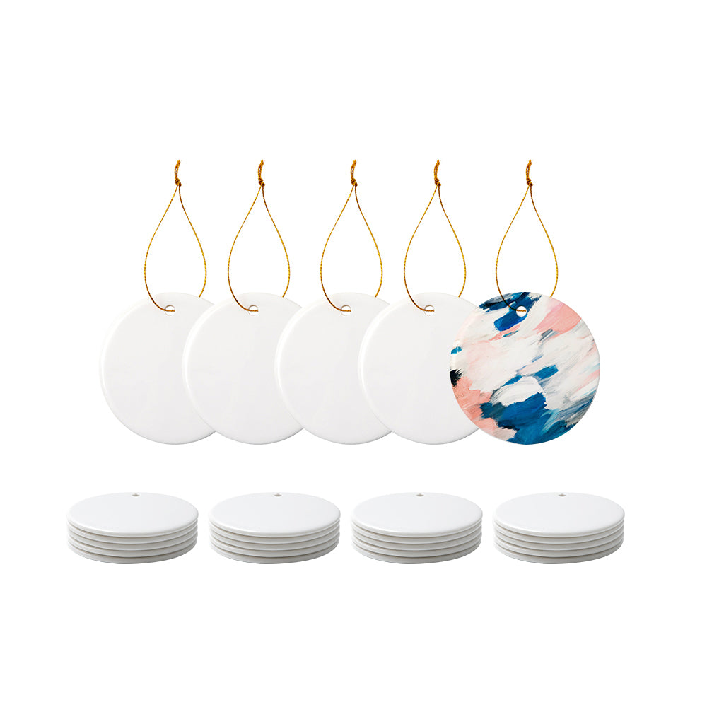 Sublimation Blanks Ornaments Ceramic White 2.75" Round with Gold String 25 PCS & 50 PCS & 100 PCS
