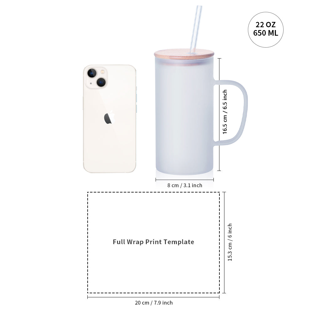 Wholesale Sublimation Glass Juice Mugs Frosted White with Bamboo Lid and Glass Straw 22 Oz 6 Pack & 12 Pack