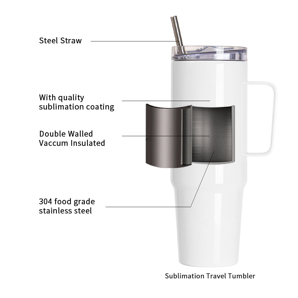 Wholesale 36 OZ Sublimation Travel Tumblers White With Handle, Metal Straw And Screw Top Leak-Proof Slide Lid 8 Pack & 24 Pack & 48 Pack