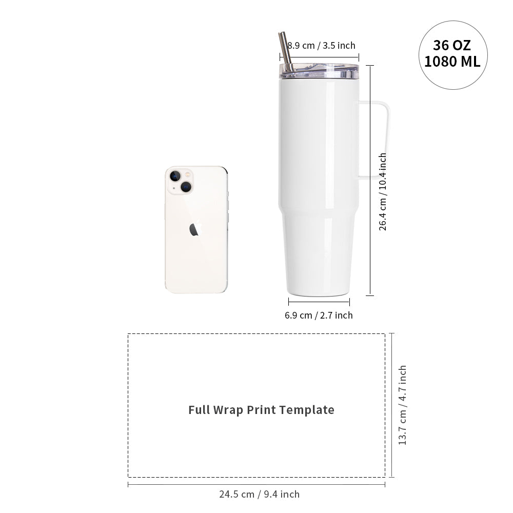 Wholesale 36 OZ Sublimation Travel Tumblers White With Handle, Metal Straw And Screw Top Leak-Proof Slide Lid 8 Pack & 24 Pack & 48 Pack