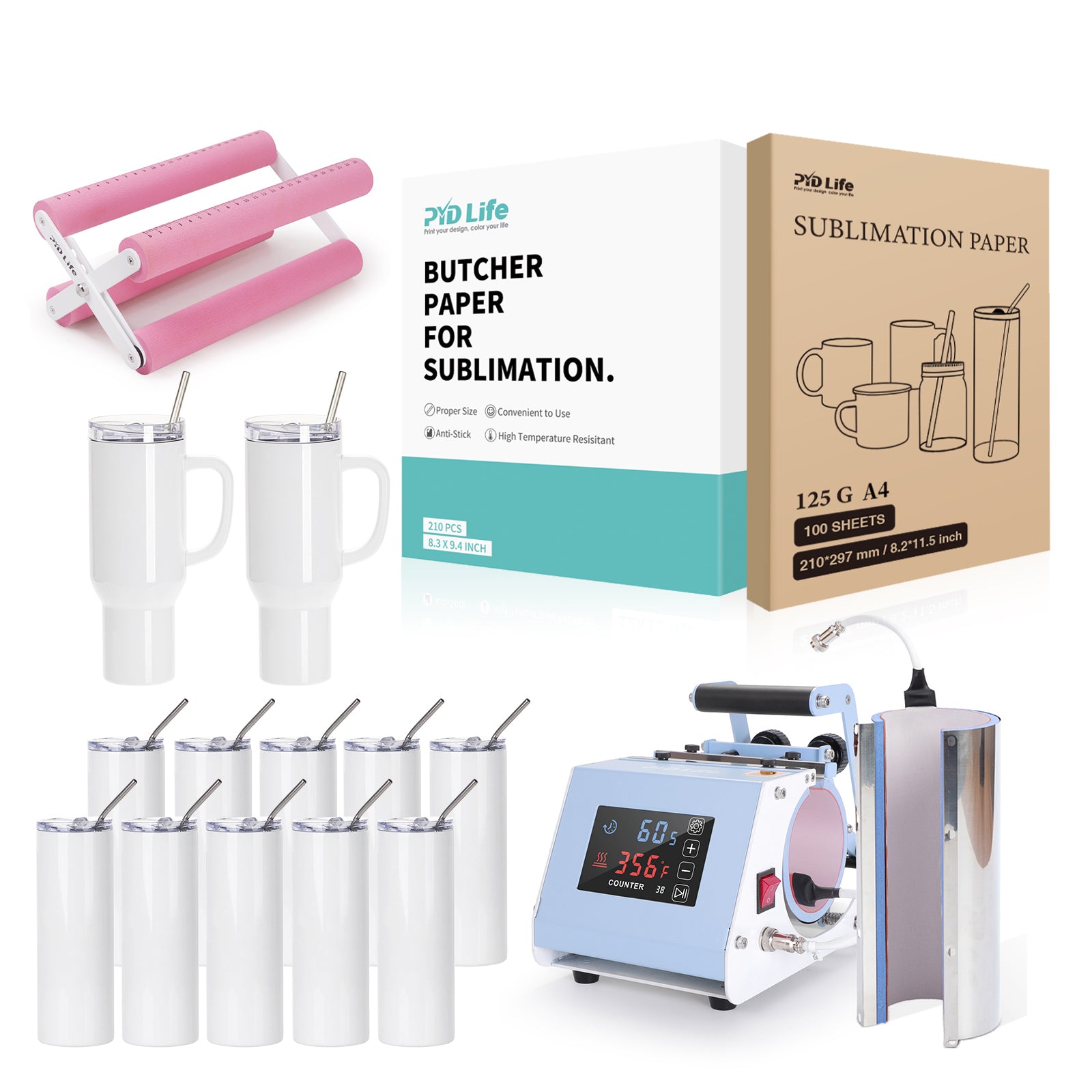 40 oz 30 oz V3.0 Pro 2 in 1 mug press Heat Press Machine Sublimation Starter Benginers Kit Bundle with 20 OZ Sublimation Tumblers,40 OZ Sublimation Tumblers,Sublimation Paper,Cup Tumbler Cradle and Butcher Paper