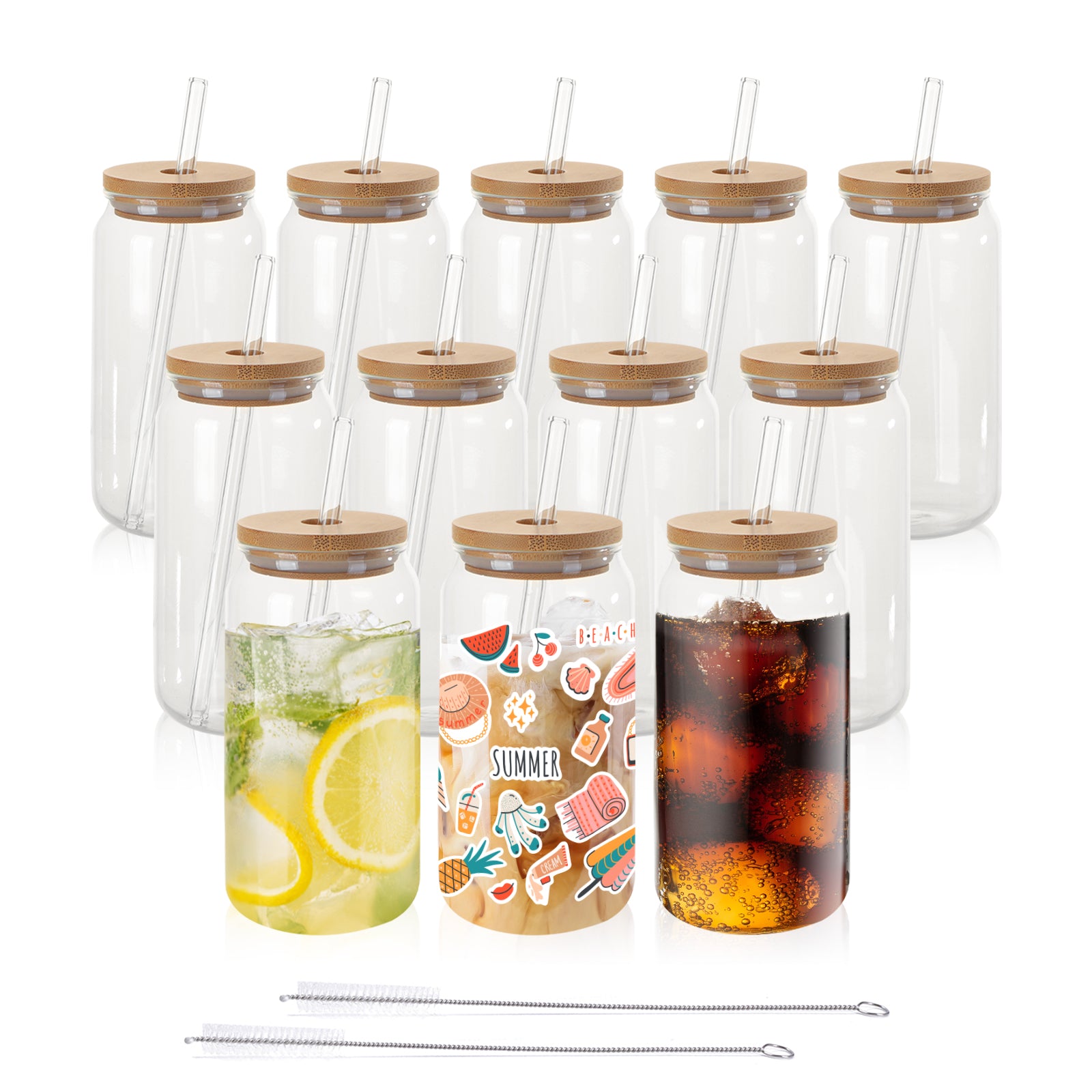 Wholesale 18 OZ Glass Cups Cans with Bamboo Lids,Glass Straw and 2 Cleaning Brushes Clear Glasses Drinking Set 12 Pack & 48 Pack & 96 Pack