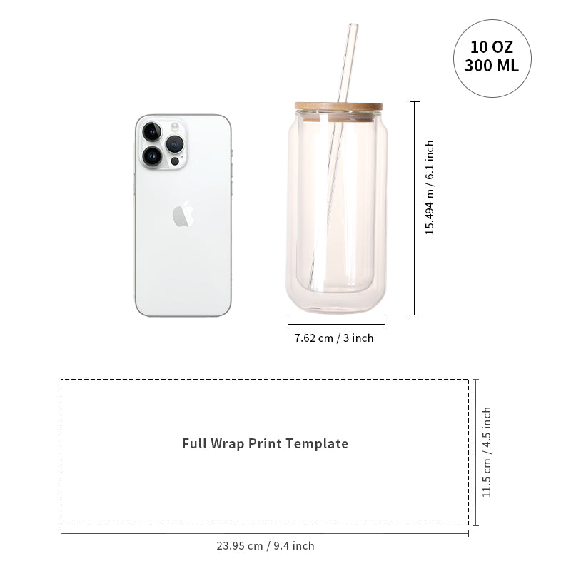 Sublimation Glass Can Double Wall With Bamboo Lid And Glass Straw 10 Oz 6 Pack