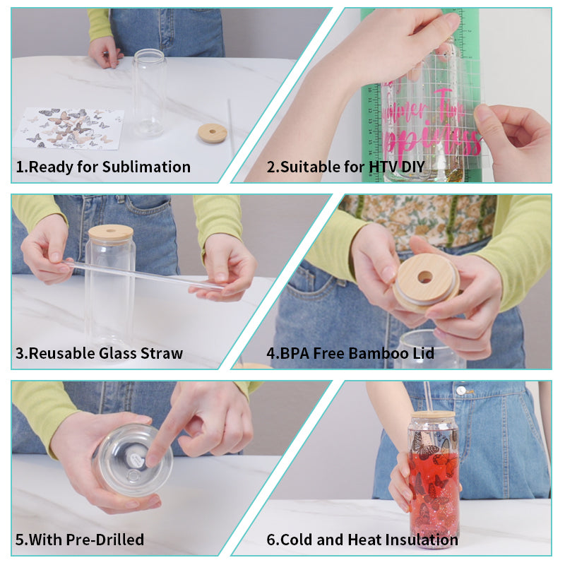 Sublimation Glass Can Double Wall With Bamboo Lid And Glass Straw 10 Oz 6 Pack