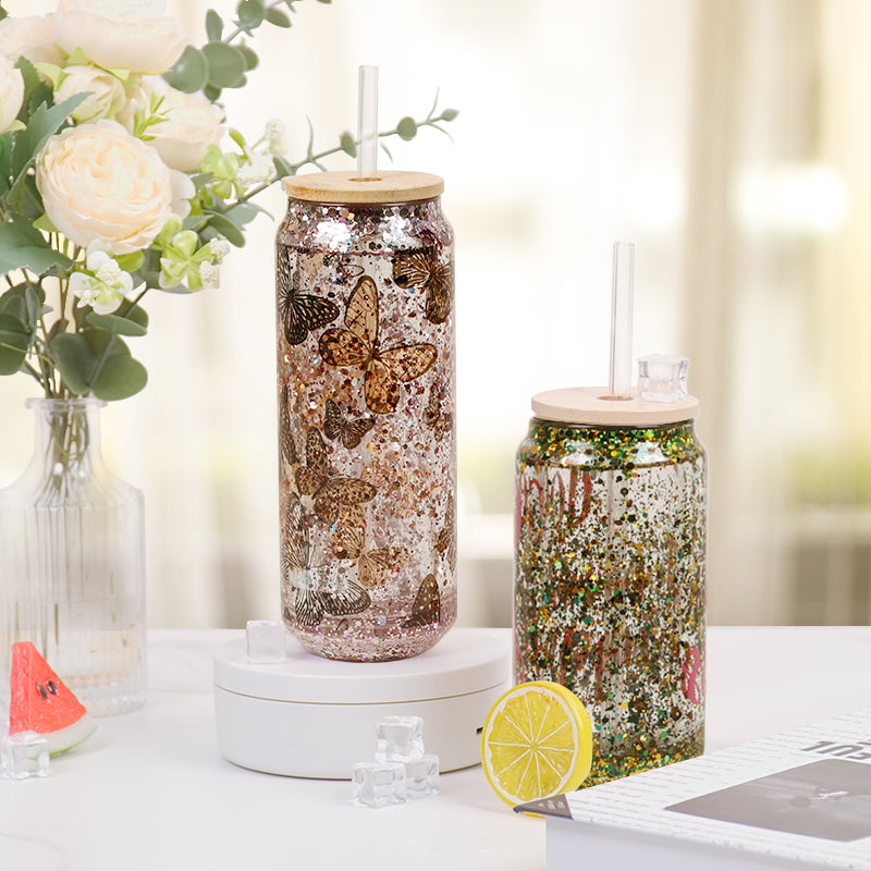 Sublimation Glass Can Double Wall With Bamboo Lid And Glass Straw 10 Oz 6 Pack