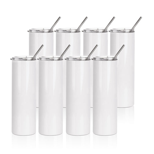 Wholesale 30 OZ Sublimation Skinny Straight Tumbler White With Metal Straw And Slide Lid 8 Pack & 24 Pack