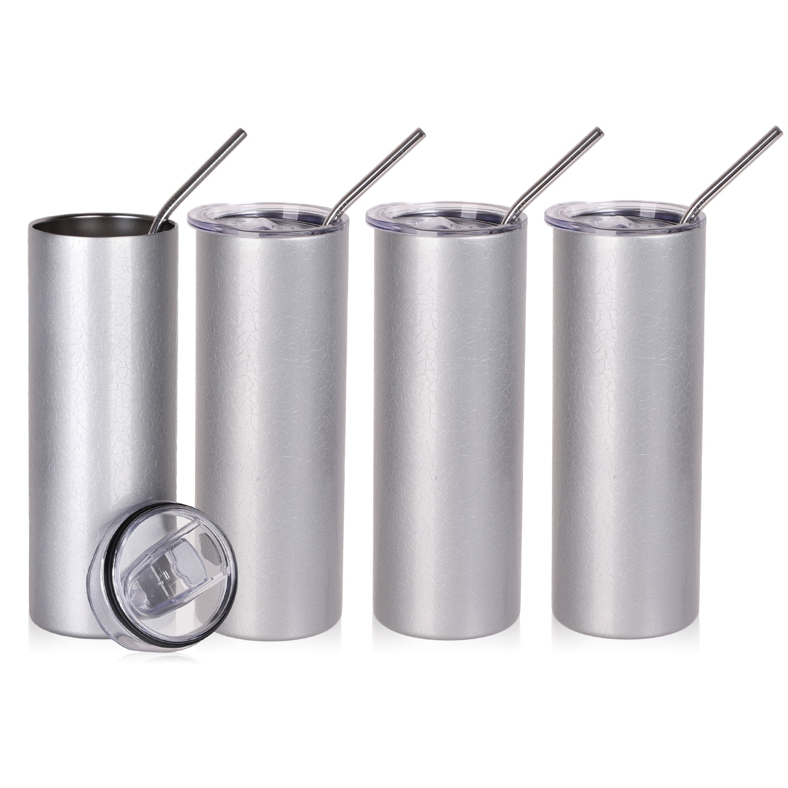 Skinny Tumbler Crackle Finish Grey & White with Metal Straw and Leak-proof Slide Lid 4 Pack