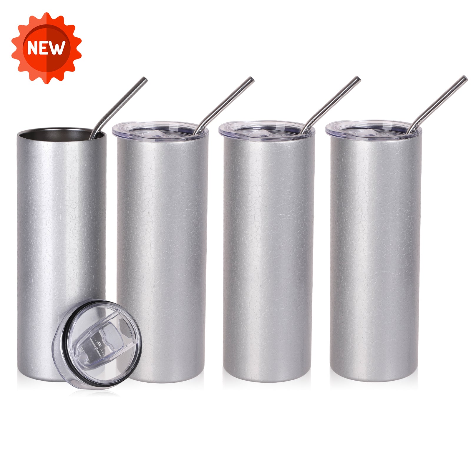 Skinny Tumbler Crackle Finish Grey & White with Metal Straw and Leak-proof Slide Lid 4 Pack