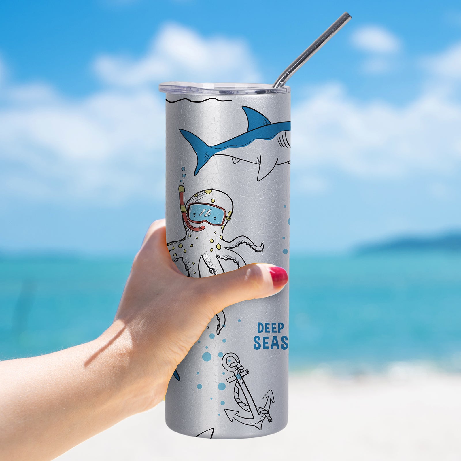 Skinny Tumbler Crackle Finish Grey & White with Metal Straw and Leak-proof Slide Lid 4 Pack