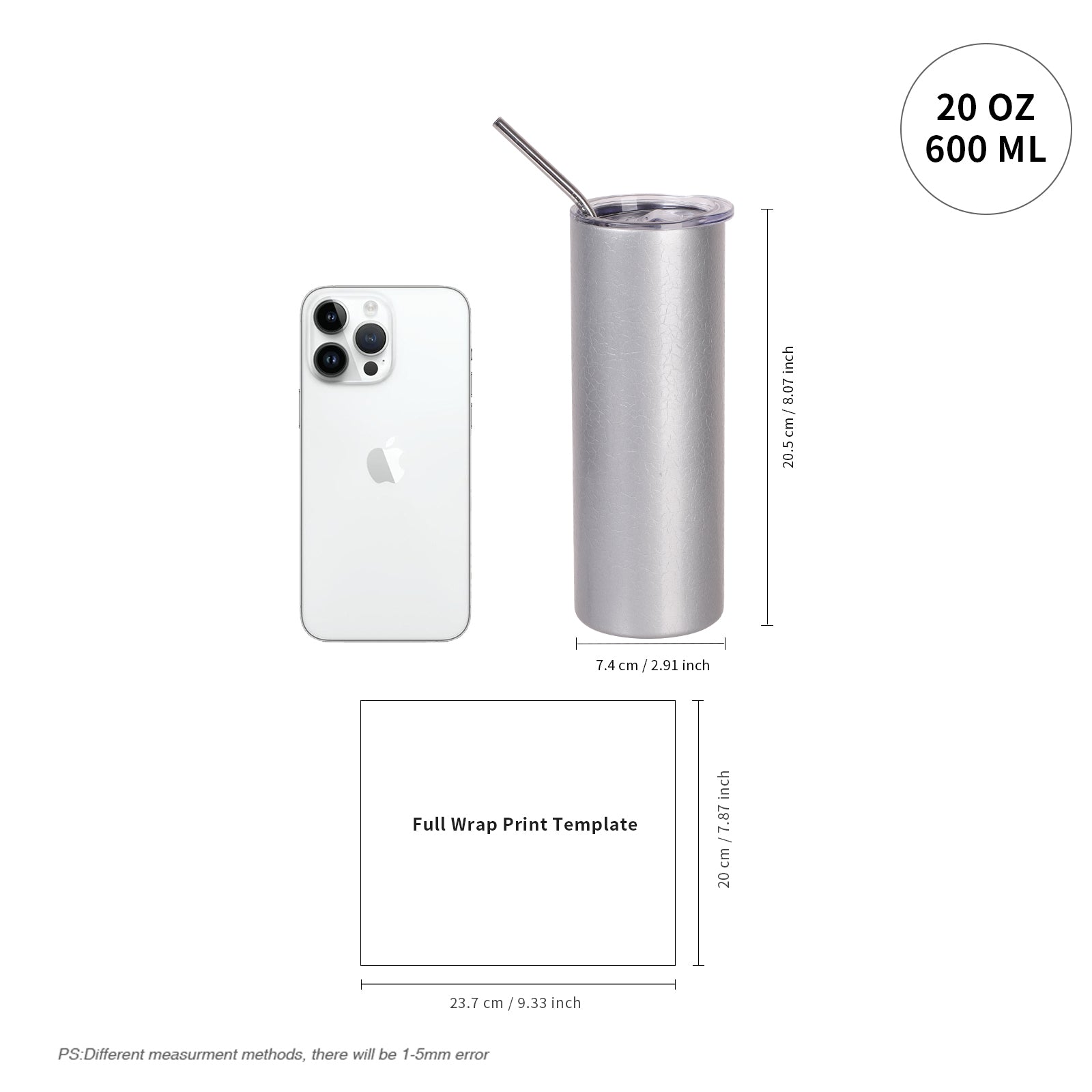 Skinny Tumbler Crackle Finish Grey & White with Metal Straw and Leak-proof Slide Lid 4 Pack