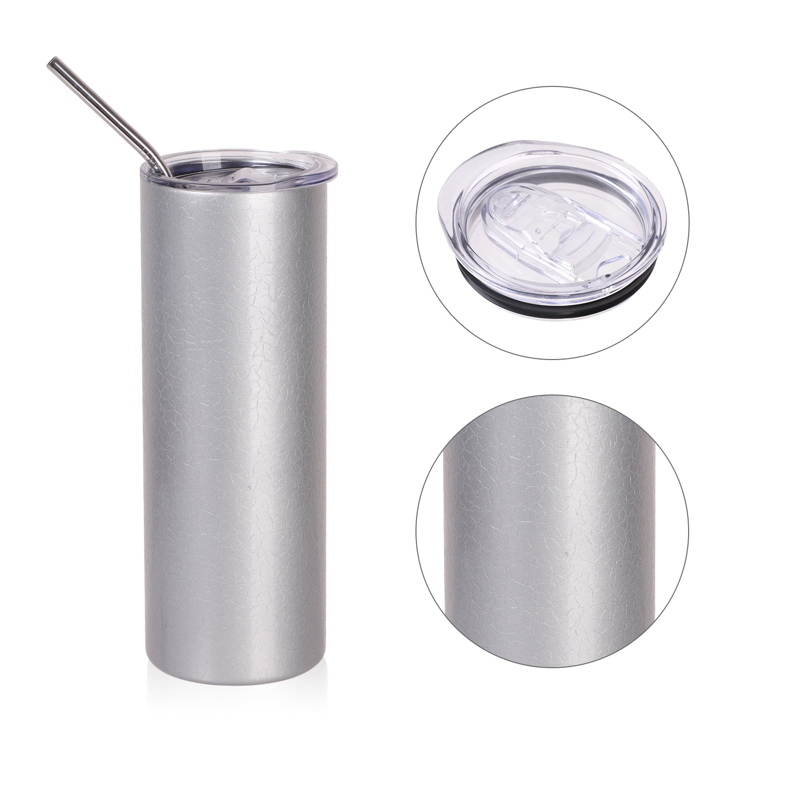 Skinny Tumbler Crackle Finish Grey & White with Metal Straw and Leak-proof Slide Lid 4 Pack