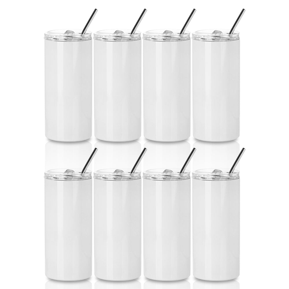 Wholesale 16 OZ Sublimation Skinny Straight Tumbler Bulk White with Metal Straw and Slide Lid 8 Pack & 24 Pack & 48 Pack