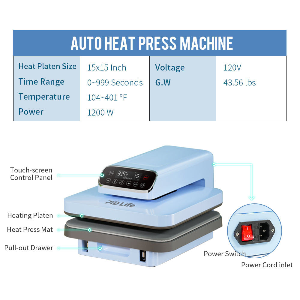 AUTO Heat Press 15x15 Inch Flat T Shirt Heat Press Machine for Heat Transfer Christmas Ornaments Tote Bag DTF HTV Vinyl