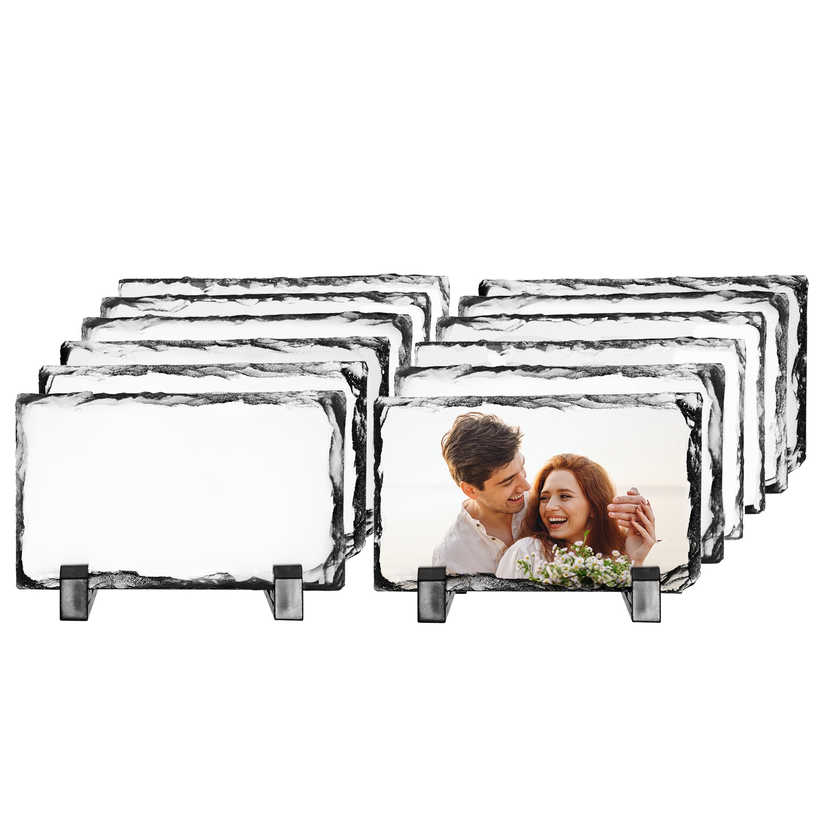 PYD Life 12 Pack Sublimation Photo Slates Rock Blanks 3.5 x 5.5 inch Bulk Stone Frame White with Display Holder for Heat Transfer Printing