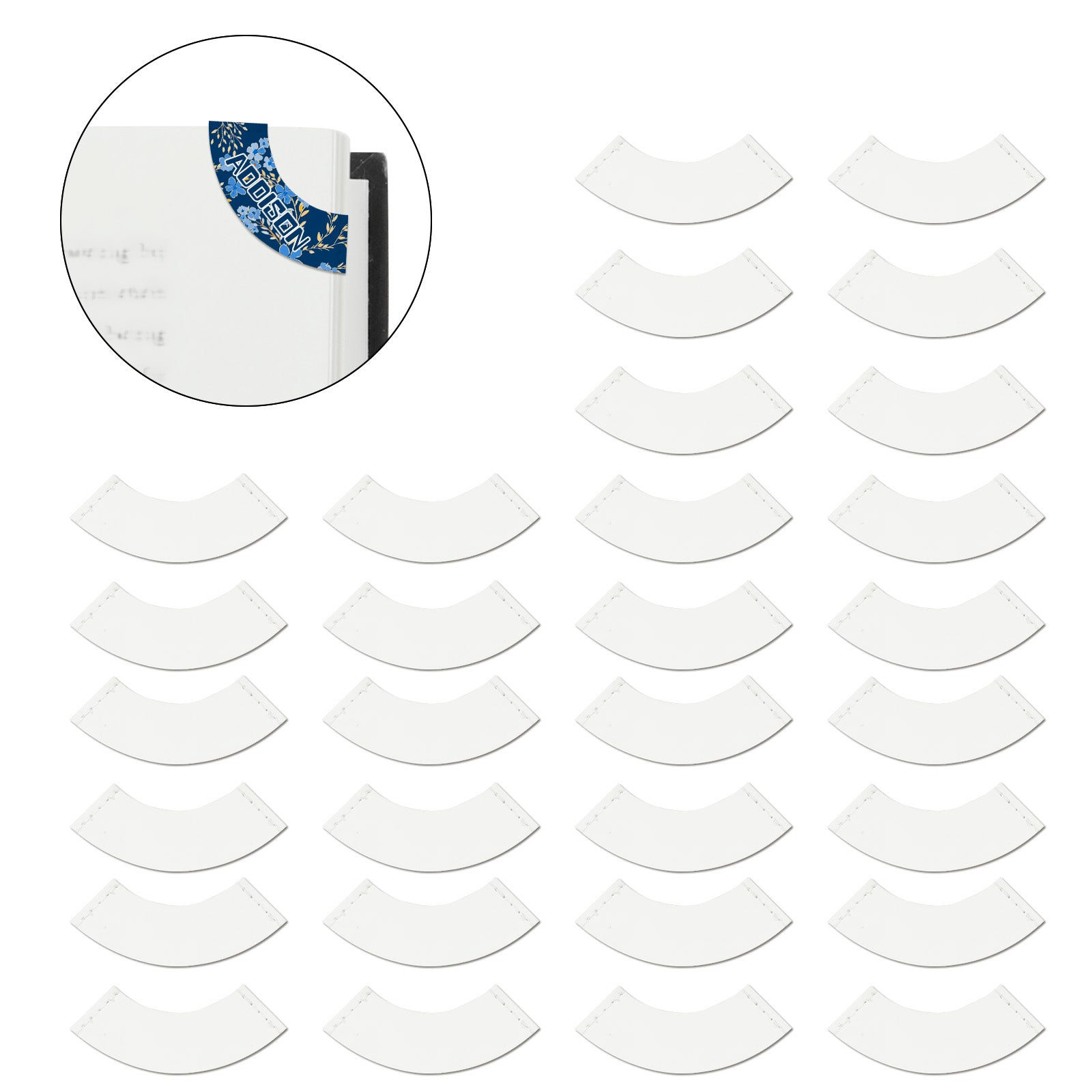 30 Pack Sublimation PU Leather Corner Bookmarkers 2.75" x 1.1" Round Bow White Blanks(3 Shape Options)