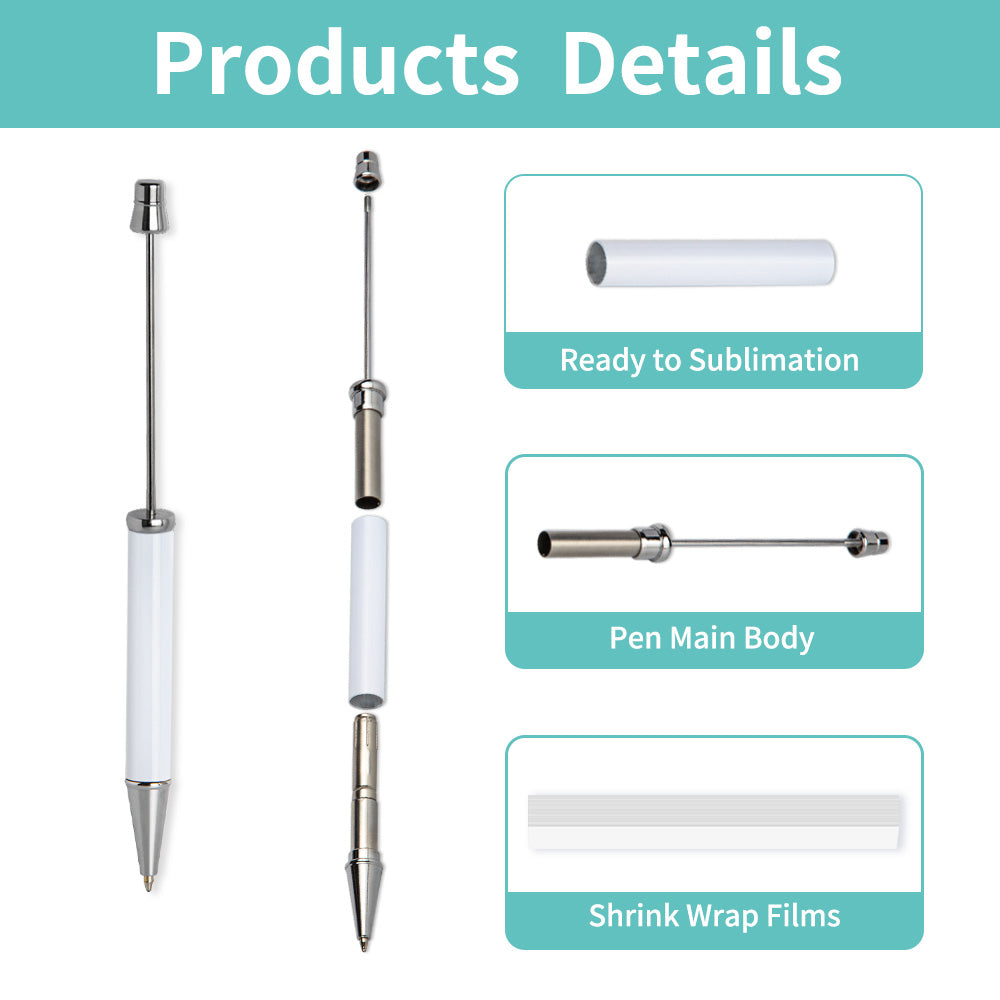 Wholesale Sublimation Beadable Pens Blanks Bulk White for Pen Heat Press with 25 Pieces Shrink Wrap Films 40 Pack & 60 Pack & 120 Pack
