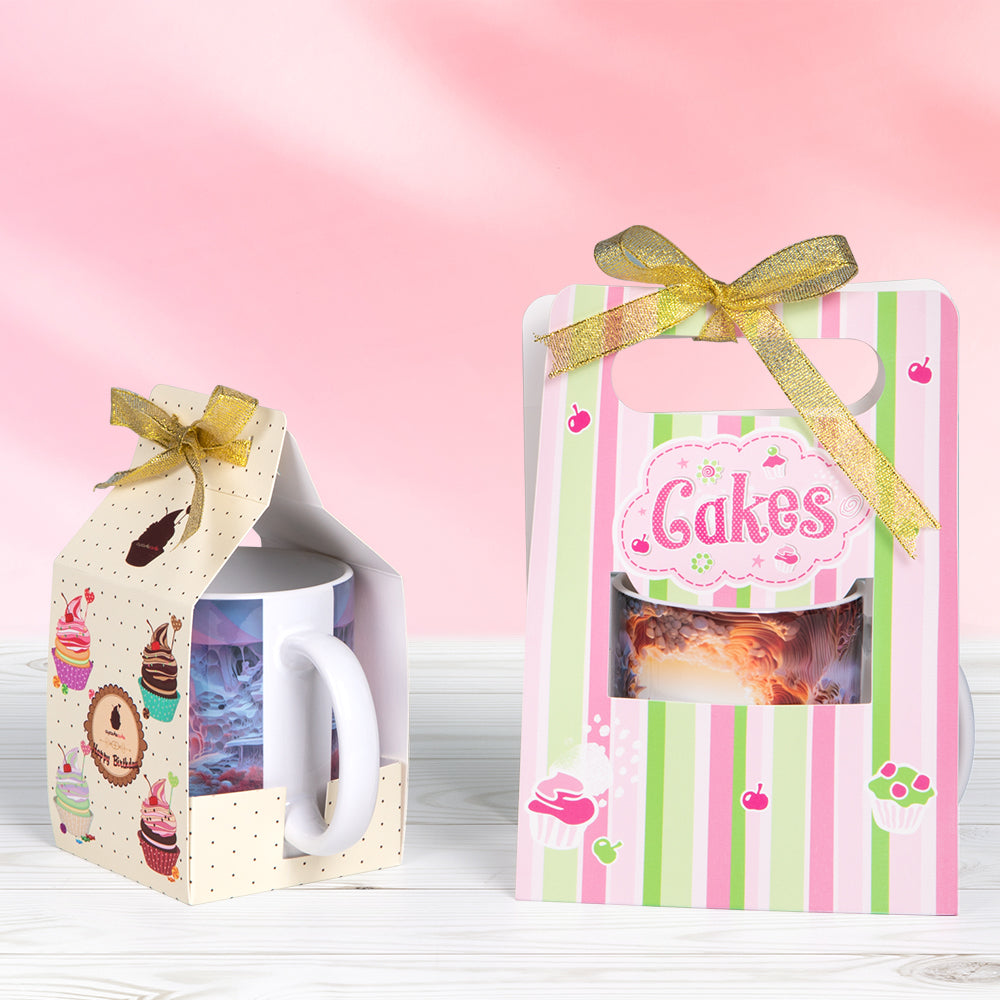 (2 Shapes) Sublimation Boxes Blanks for 11 OZ Sublimation Ceramic Mugs Matte White Sublimation Gift Boxes Blank with Golden Ribbon 20 Pack & 60 Pack & 100 Pack