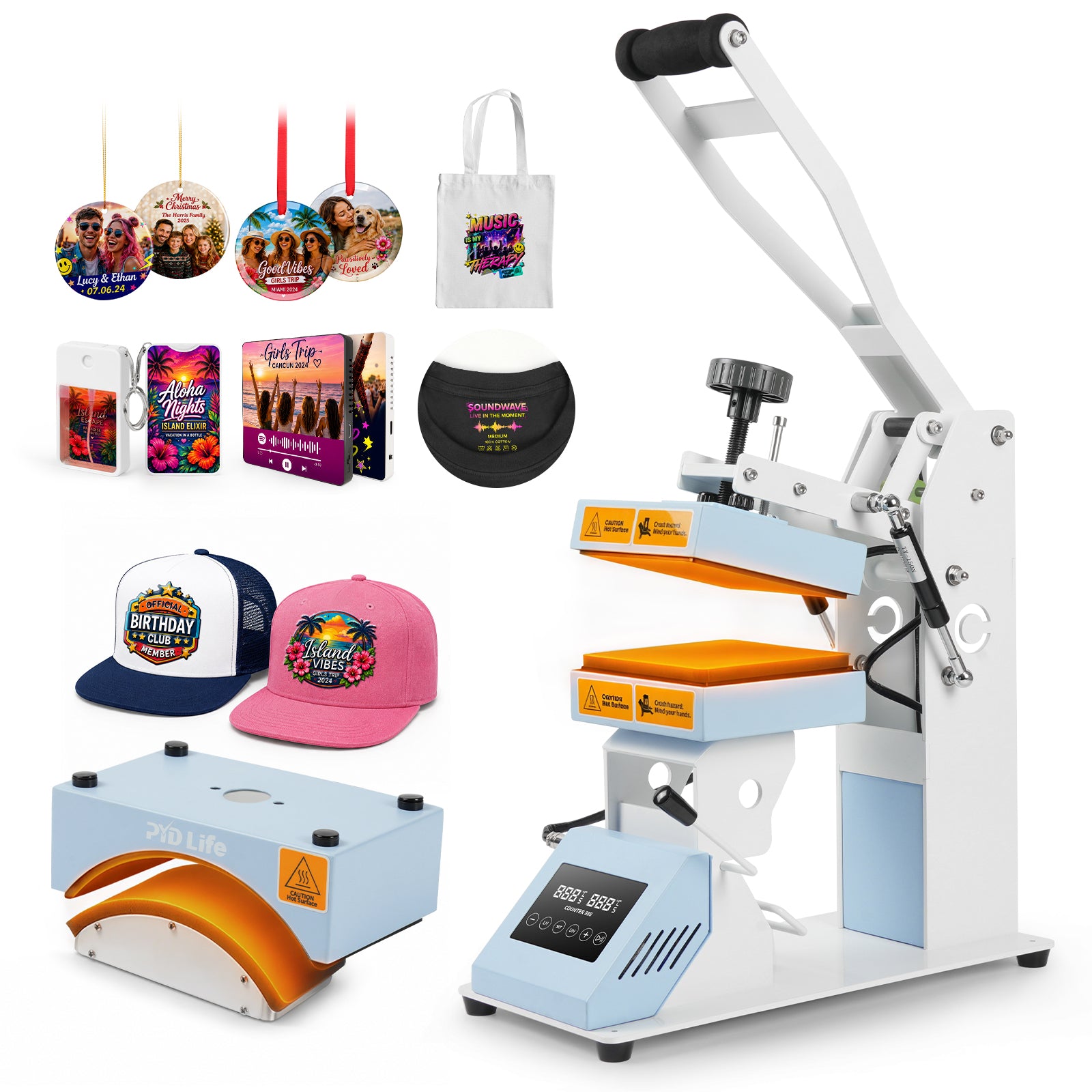 H2C PRO 2 in 1 Top and Bottom Heat Press Machine Light Blue 110 V, Mini Combo Hat and Flat Press for DTF 3D UV DTF Labels, Double-Sided Blanks Sublimation Printing