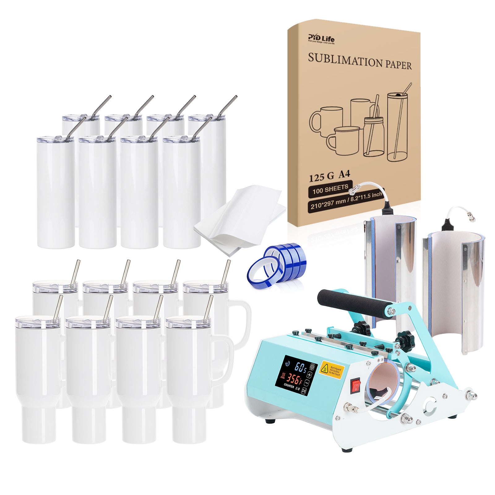 40 OZ 30 OZ Tumbler Heat Press Sublimation Starter Benginers Kit Bundle with Sublimation Tumblers 40 OZ and 20 OZ,Sublimation Tape,and Sublimation Paper
