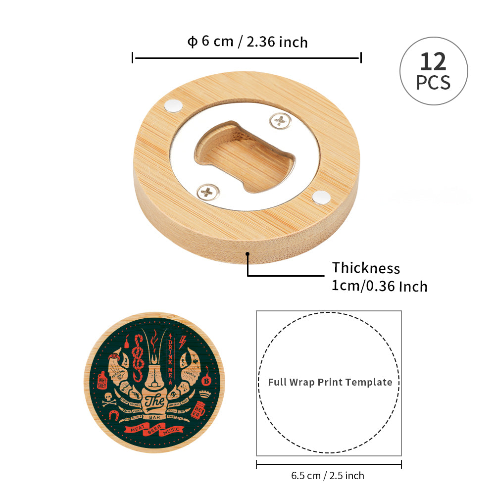 Wholesale Sublimation Bamboo Stainless Steel Bottle Opener Blanks Round 2.36" Wooden Bulk 24 Pack