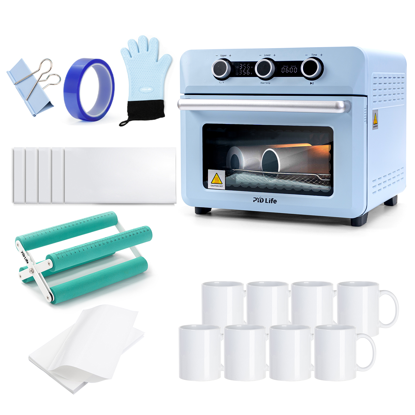 25 L Sublimation Oven Sublimation Starter Beginners Kits Bundle with 11 OZ Sublimation Mugs,Cup Cradle and Shrink Wrap Film
