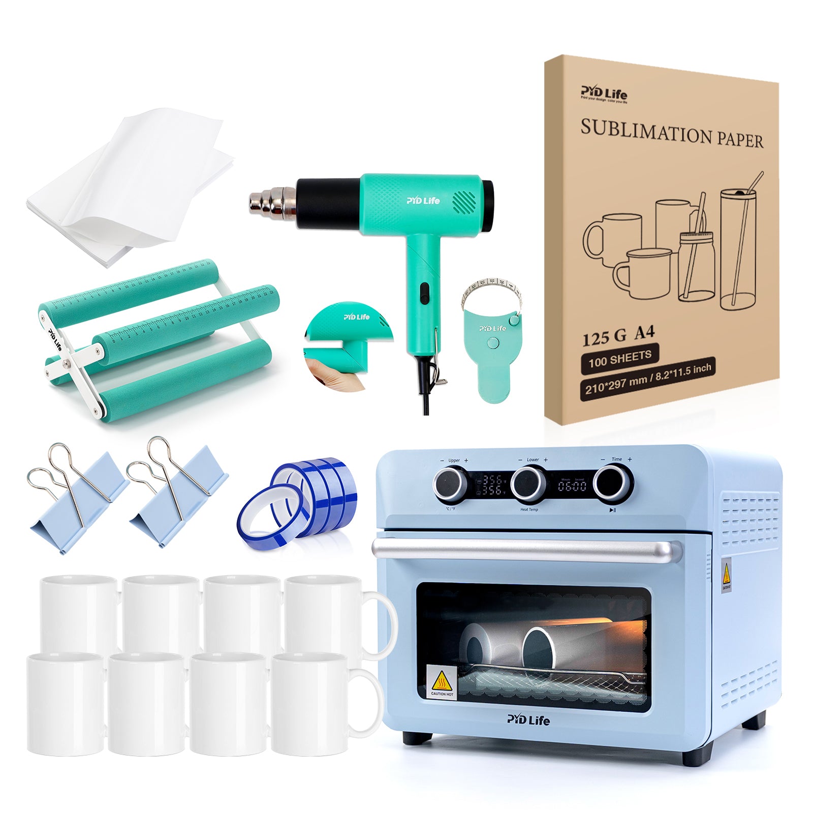 25 L Sublimation Oven Sublimation Starter Beginners Kits Bundle with 11 OZ Sublimation Mugs,Heat Tape,Heat Blower,Cup Cradle,Binder Clip,Y-Shaped Ruler,Sublimation Paper and Shrink Wrap Film