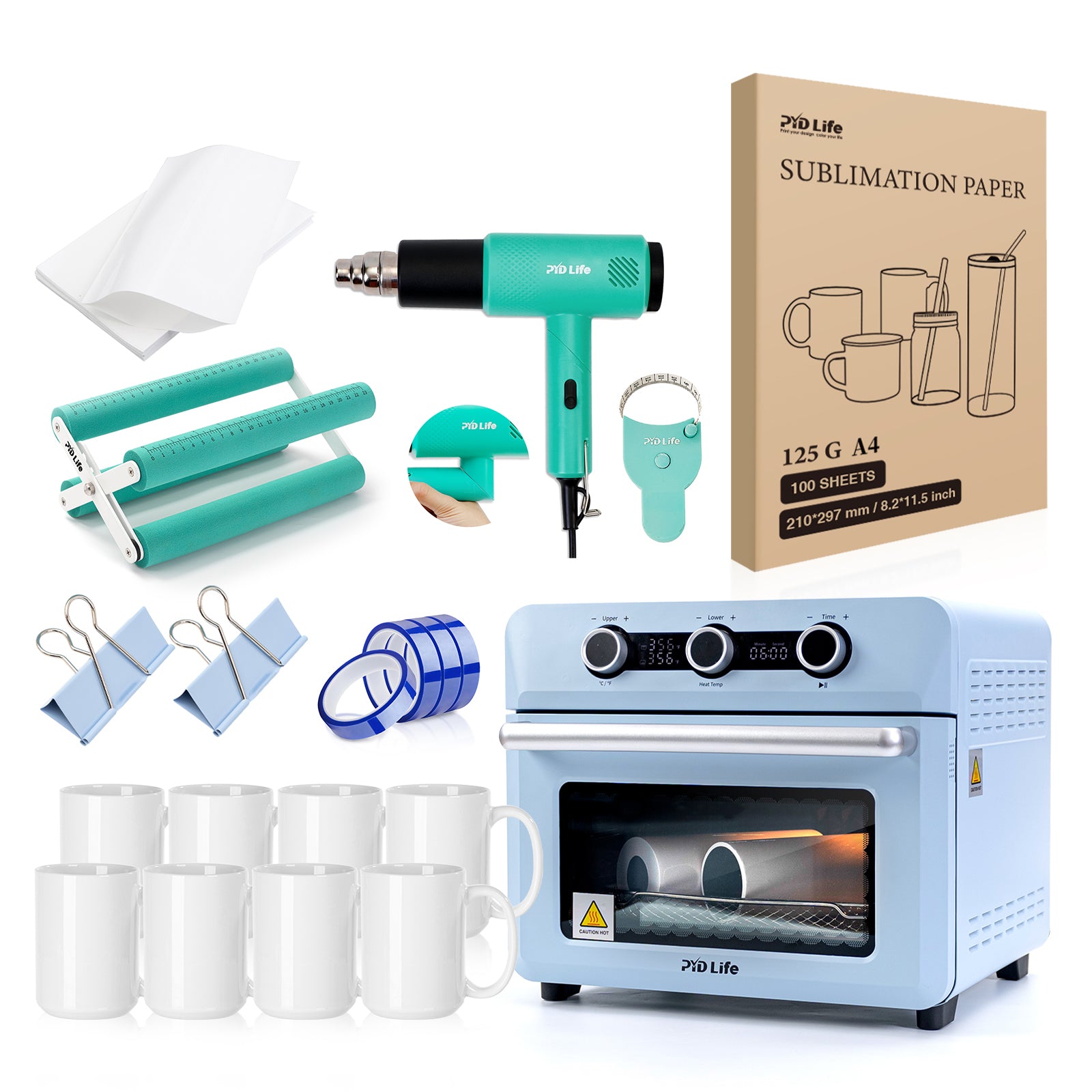 25 L Sublimation Oven Sublimation Starter Beginners Kits Bundle with 15 OZ Sublimation Mugs,Heat Tape,Heat Blower,Cup Cradle,Binder Clip,Y-Shaped Ruler,Sublimation Paper and Shrink Wrap Film