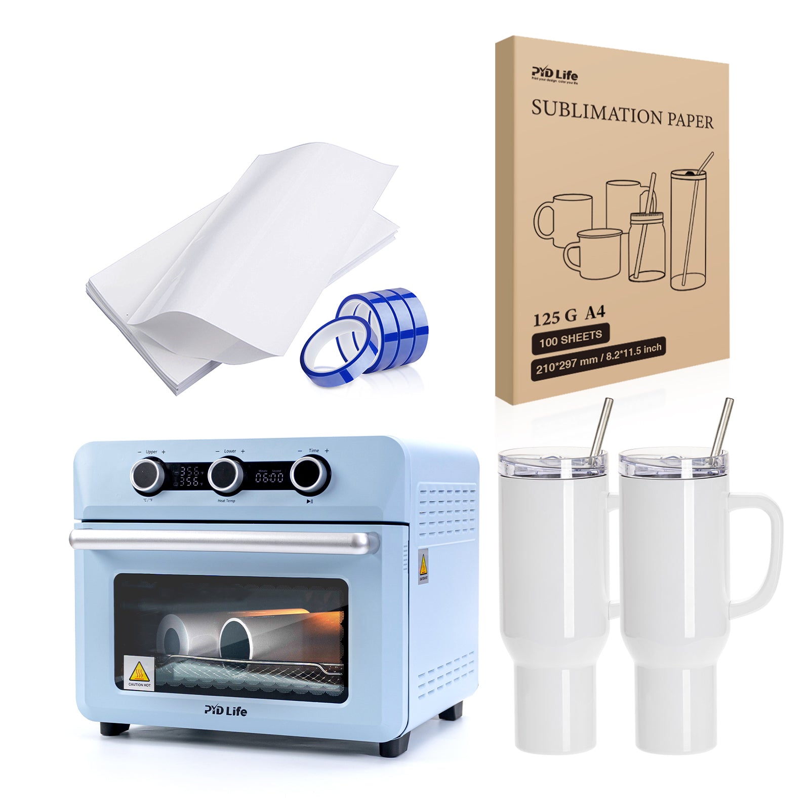 25 L Sublimation Oven Sublimation Starter Beginners Kit Bundle with 40 OZ Sublimation Tumblers,Sublimation Tape,Shrink Wrap Film and Sublimation Paper A4 Size
