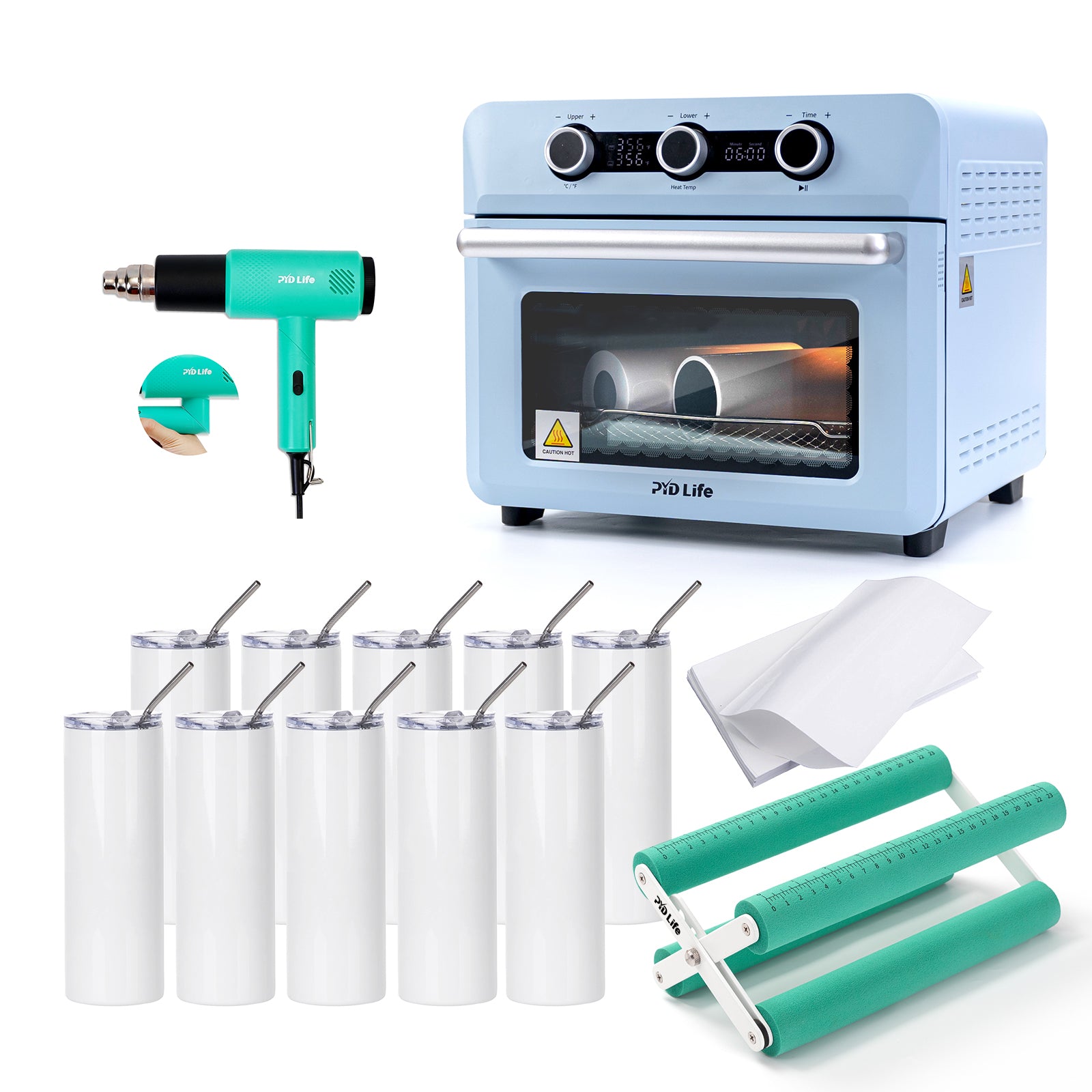 25 L Sublimation Oven Sublimation Starter Benginers Kit Bundle with 20 OZ Sublimation Tumblers,Cup Tumbler Cradle,Shrink Wrap Films and Heat Blower Foldable Handle