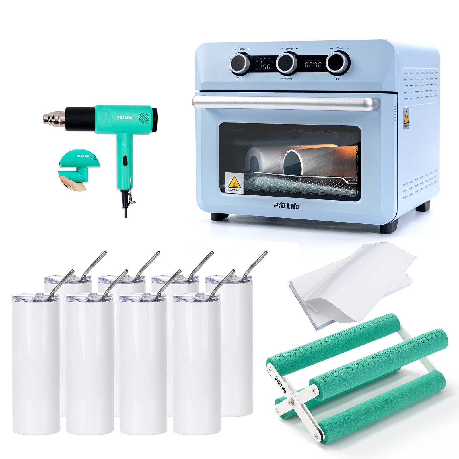 25 L Sublimation Oven Sublimation Starter Benginers Kit Bundle with 20 OZ Sublimation Tumblers,Cup Tumbler Cradle,Shrink Wrap Films and Heat Blower Foldable Handle
